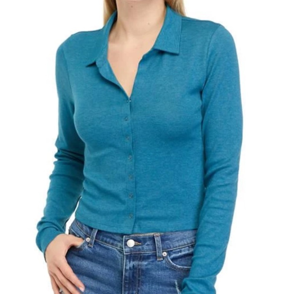 Teal Long Sleeve Button-Up Top - Picture 1 of 13